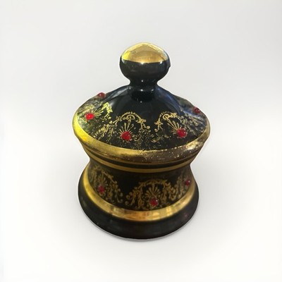 Vtg Black Amethyst Glass Trinket Box Jeweled Red Cabochon Gold Gilt Powder Jar