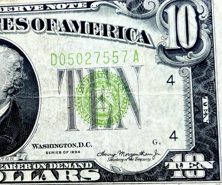 ** $10 1934 ((VF+))) FEDERAL RESERVE LIME ((LIGHT GREEN SEAL)) NOTE Auction