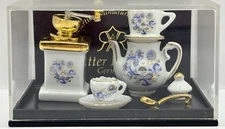 Vintage DollHouse Reutter Porzellan Germany Miniature Tea Set Blue/White Flowers