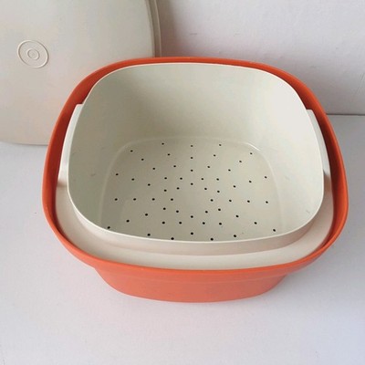 Vintage Tupperware orange Behälter Box mit Sieb & Deckel Aufbewahrung Servieren groß 