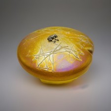 John Ditchfield - Iridescent Lily Pad Glass Paperweight with Silver Frog Signed
