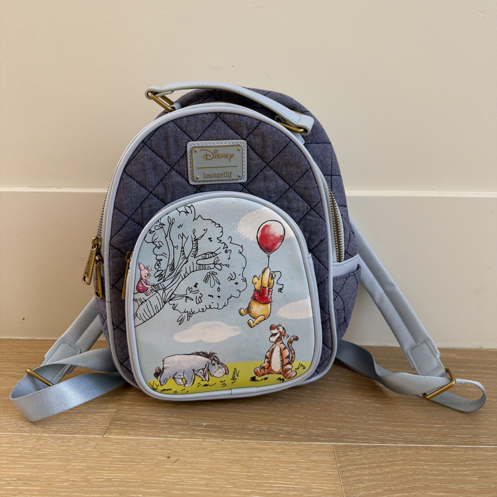 Disney Parks Winnie The Pooh and Friends Quilted Denim Mini Backpack Lounge Bag