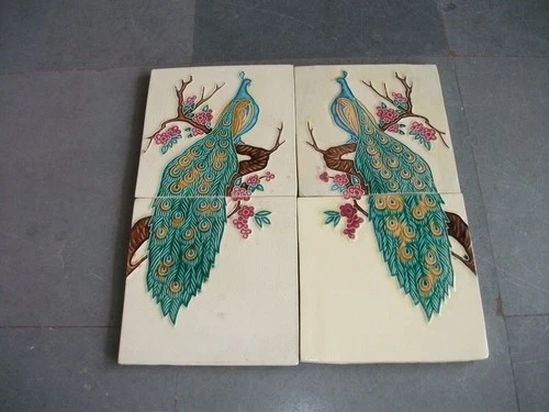 4 Pc Vintage Embossed  Peacock Pair Figurine Colorful Ceramic Tiles, Japan
