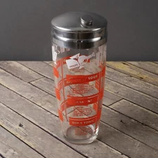HAZEL ATLAS Glass Cocktail Shaker Recipes Red & White Graphics MCM Chrome Lid 9"