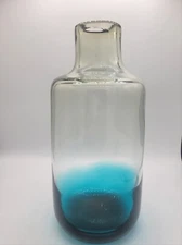 Vintage Blenko Style Smoked Gray & Aqua Blue Modernist Art Glass 11"H Mid...