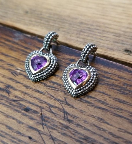 Kay jewelers 10k Yellow Gold & Sterling silver Amethyst Heart Dangle Earrings - Picture 3 of 12