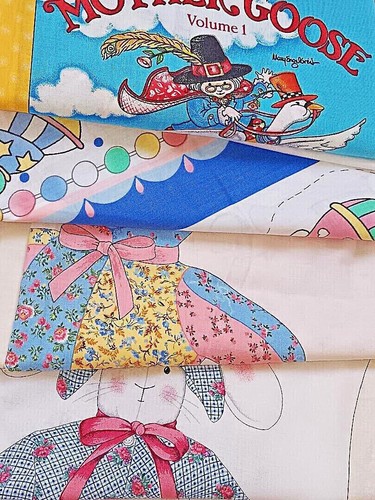 VTG COTTON FABRIC PANELS MOTHER GOOSE Bunny Rose Teddy Bear Cradle of Fun U PICK - Picture 1 of 35