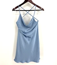 Lumina Short Spaghetti Straps Slip Dress Blue Silky Satin Cocktail Medium Sexy