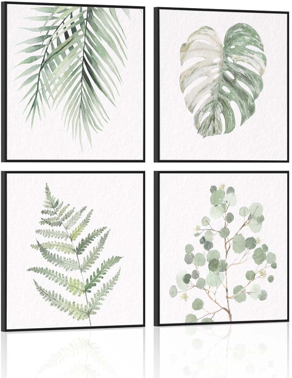 Framed Botanical Plant Wall Art: Sage Green Leaves Bathroom Pictures Decor Set o