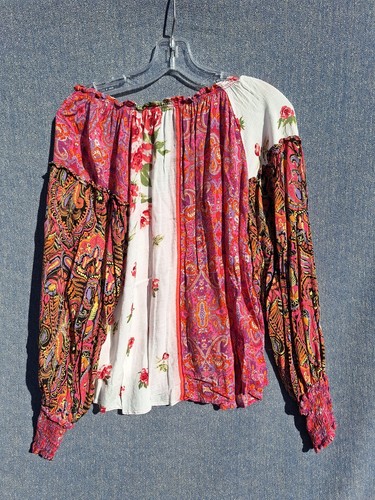 Womens Free People Top S Gemini Mixed Print Patchwork Long Sleeve Peasant Boho - Picture 5 of 8