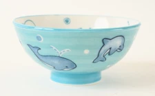 Mino ware Japanese Pottery Kids Rice Bowl Dolphins & Whales made in Japan New