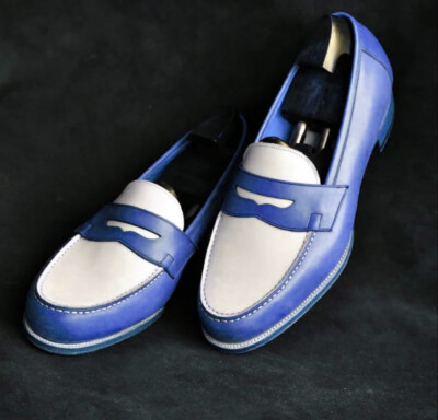 Handmade Men Blue & White Color Pure Leather Moccasin Slip On Loafer Men Shoes | eBay Handmade Men Blue & White Color Pure Leather Moccasin Slip On Loafer Men Shoes | eBay