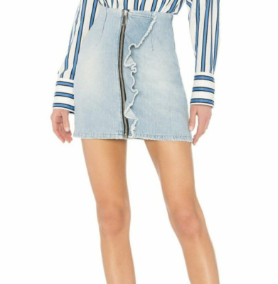 MSGM Milano Size 40 Italy Ruffle Zip Front Denim Mini Jean Skirt Light Blue Wash