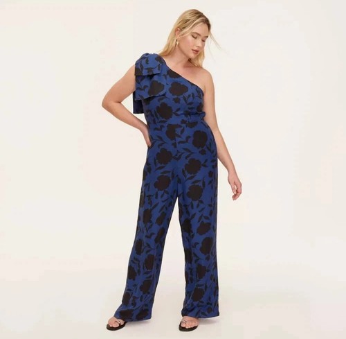NWT~ Kate Spade sz 17 Classic Rose Floral Navy Blk Jumpsuit one shoulder bow #70 - Picture 5 of 9