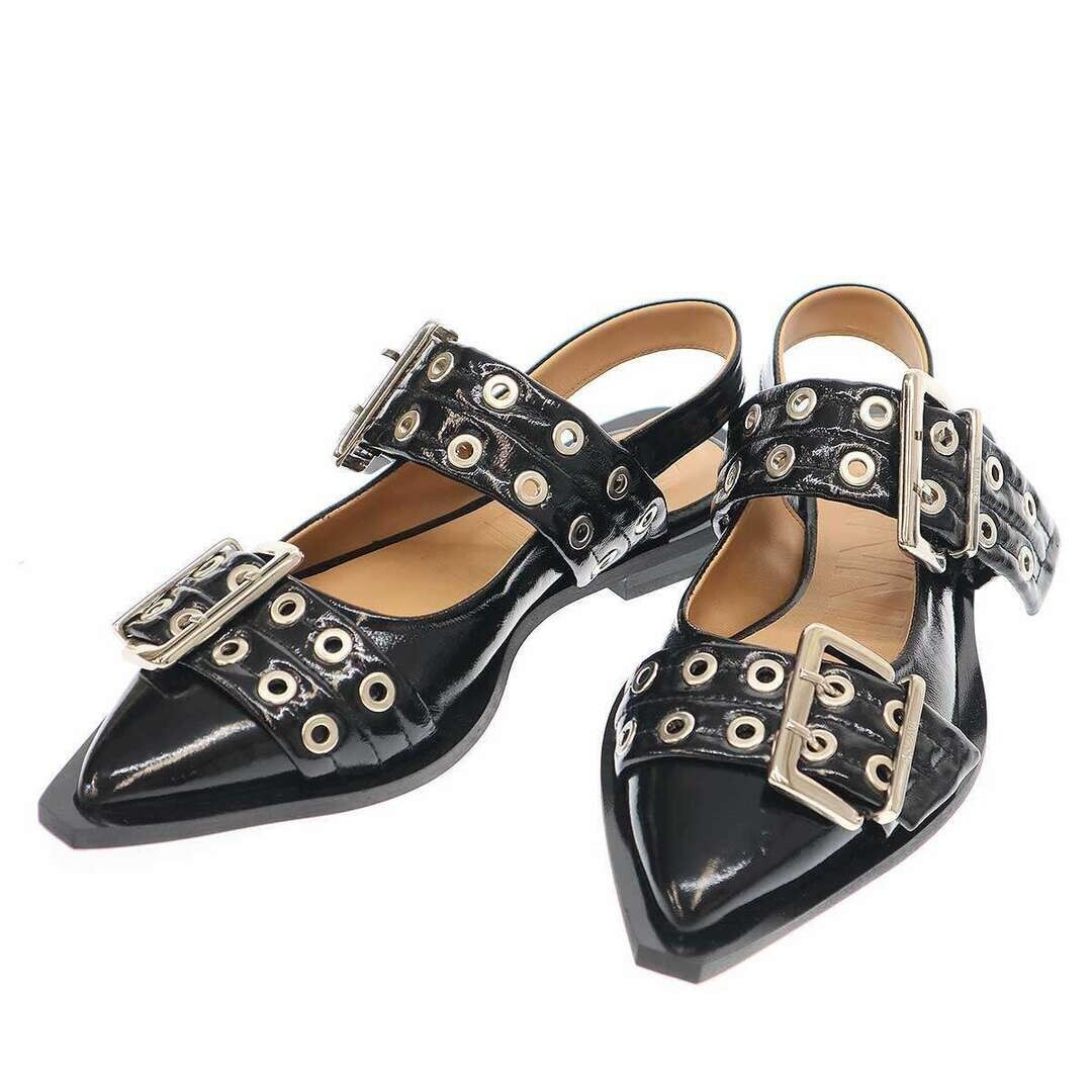 GANNI WIDE BUCKLE SLING BACK FLAT SHOES BLACK 36 Women 