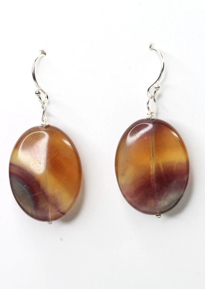 Pendientes de plata de ley 0,925 ovalados de 16 mm x 20 mm con piedras preciosas de fluorita púrpura y verde Foto 3 de 3