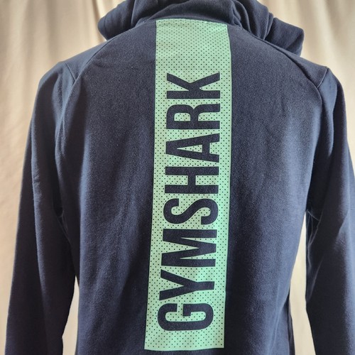 Gymshark Hoodie Mens Crest Navy Blue W Green Gymshark Logo Down Back Size Small