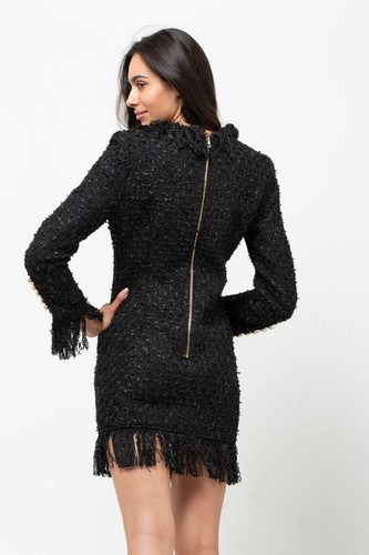 SPARKLE FRINGED TWEED BLAZER DRESS BLACK BNWT Size S - Picture 5 of 5