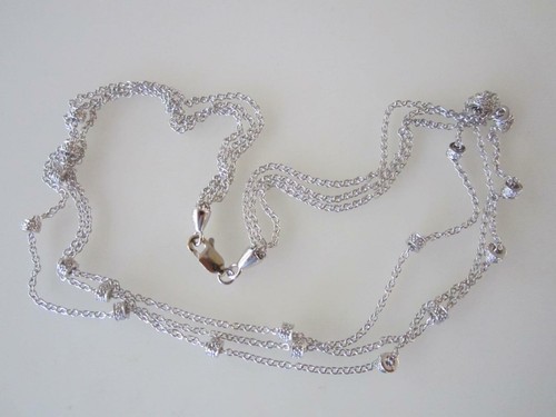 14K. WHITE GOLD RONDELLS BY THE YARD THREE STRAND LINK CHAIN NECKLACE, NEW - Picture 2 of 10