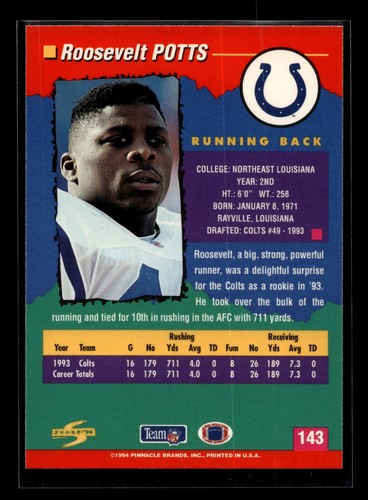 1994 Score #143 Roosevelt Potts (NM)(FTB) - Picture 2 of 2