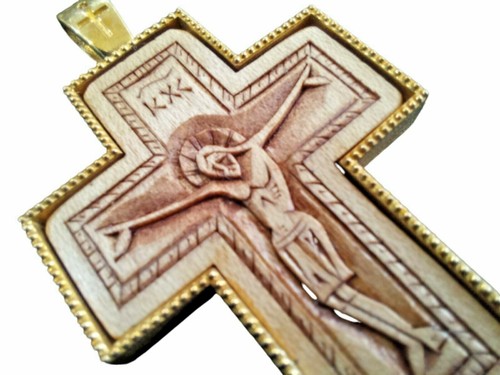 Gold Plated Sterling Silver 925 Handcarved Mount Athos Orthodox Pectoral Cross - Picture 2 of 5