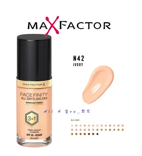 MAX FACTOR FACEFINITY ALL DAY FLAWLESS 3 IN 1 VEGAN FOUNDATION SPF20 N42 IVORY - Picture 1 of 1