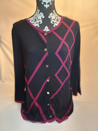 Kasper  Womens L Soft Blend 3/4 Sleeve Black Fuschia Professional Office Sweater - Foto 18 di 18