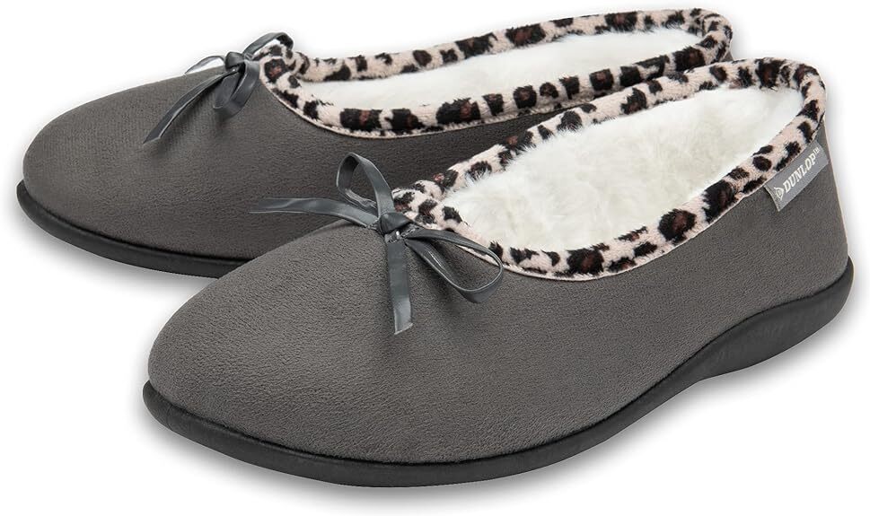 Dunlop Ladies Womens Slippers Faux Fur Leopard Trim Slip On Memory Foam Size 3-8 image 6