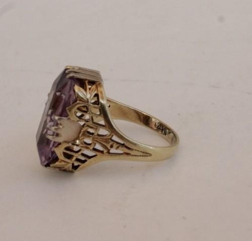Vintage Art Deco Fancy Cut Purple Stone 14k Yellow Gold Size 3 - Picture 6 of 9