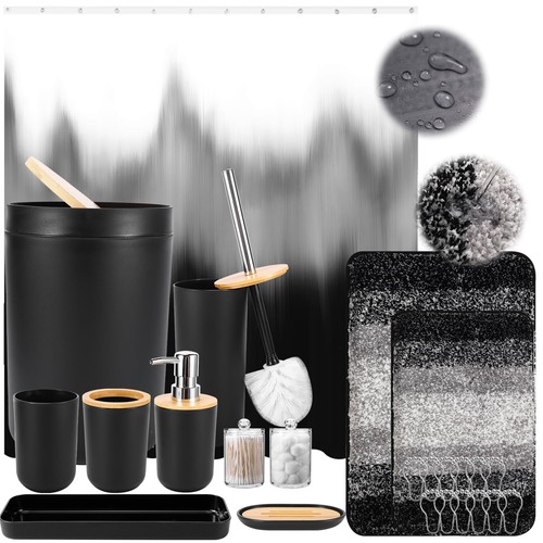 Bathroom Accessories Black Bathroom Sets with Shower Curtain and Rug, Black O...