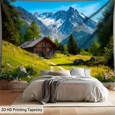 1pc Extra Large Highland Scenery Wooden House Tapestry - 2D HD Printed Polyester