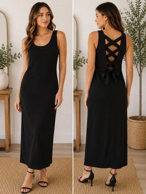 Laundry by Shelli Segal Black Satin Maxi Dress Scoop Neck Open Back Bow Size 4