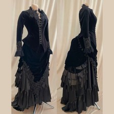 Black Victorian Gothic EveningGown2pcs Velvet Lace Top Ruffled Vintage Edwardian