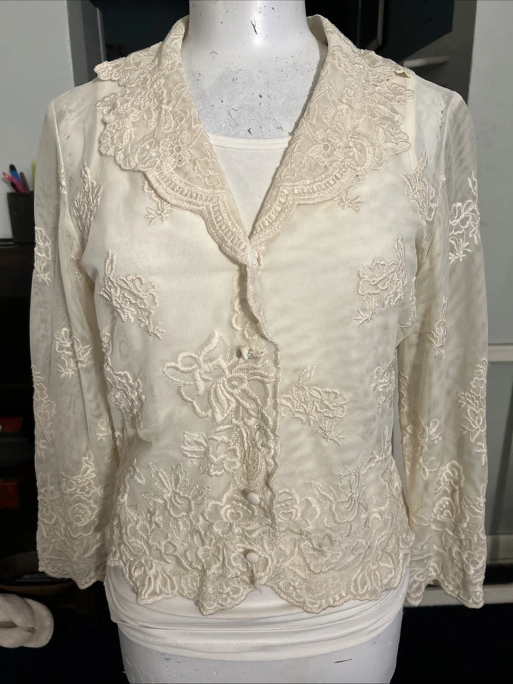 Винтажная блузка на пуговицах Saks Fifth Avenue Folio цвета слоновой кости с длинным рукавом 12 - Изображение 2 из 4