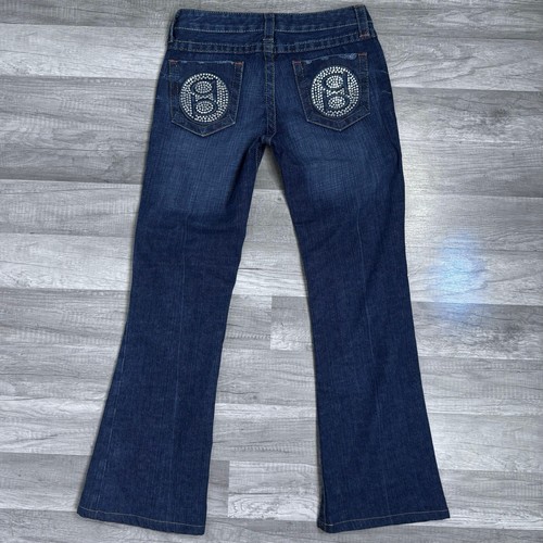 Pantalones de mezclilla Y2K Bebe con logotipo de estrás corte boot lavado oscuro tiro bajo talla 27 hechos en EE. UU. - Imagen 4 de 7