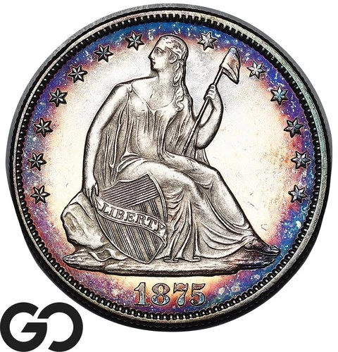 1875 Seated Liberty Half Dollar, Gorgeous Cameo Proof, Nice Toned Solid GEM PF++