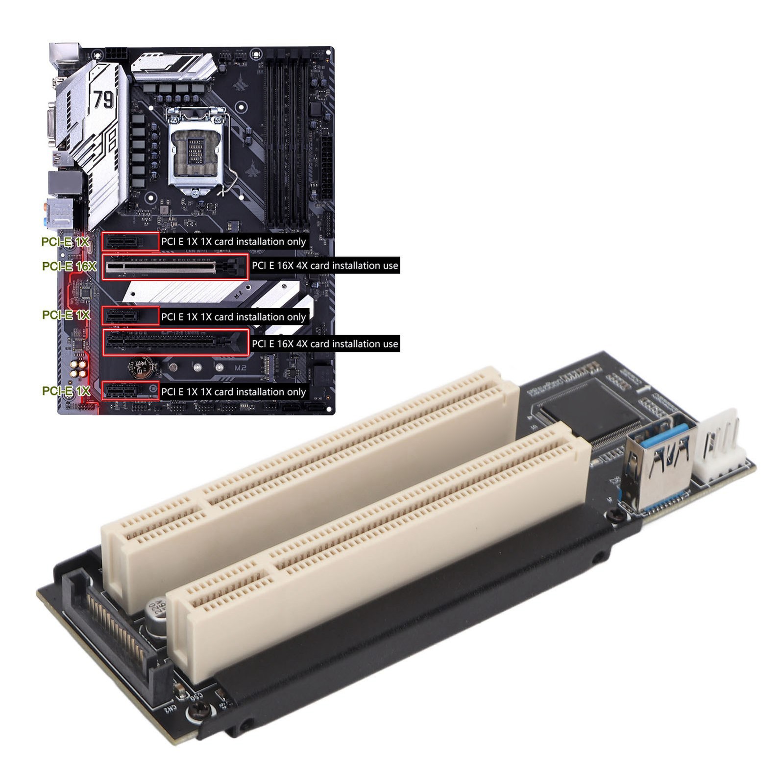 PCI E To Dual PCI Card Plug And Play PCB Material Blue LED Dual PCI Expansion Ca