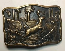 1978 BTS Solid Brass Belt Buckle Deer Buck Wilderness Made In USA Vtg