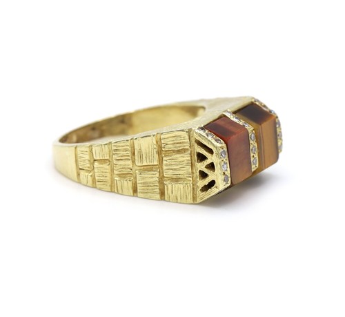 Brown Tigers Eye Diamond Brick 18K Yellow Gold Men’s Statement Ring - Picture 2 of 7