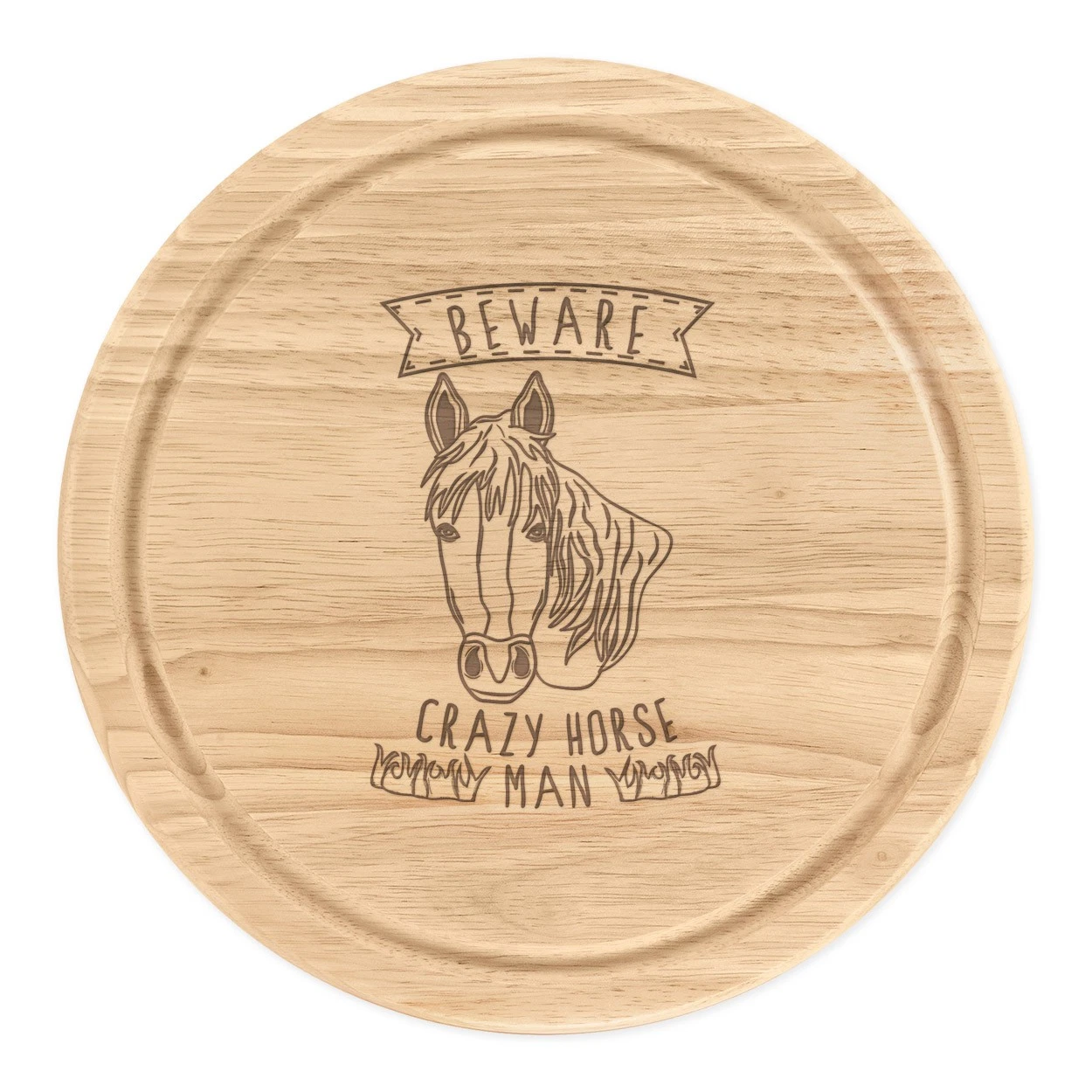 Beware Crazy Horse Man Round Chopping Cheese Board Funny Pony