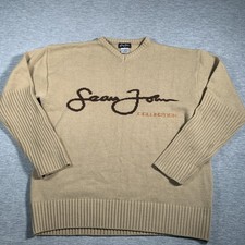 Sean John Sweater Mens XL Tan Knit Pullover Wool Blend V Neck Collection Logo