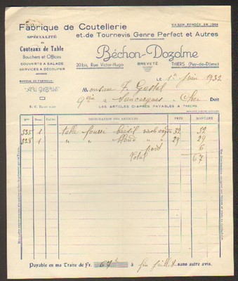 THIERS (63) CUTLERY & SCREWDRIVER FACTORY ''A. BECHON-DOZOLME'' invoice in 1932