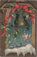 Postcard A Merry Christmas Angel Flying + Giant Bell 1906