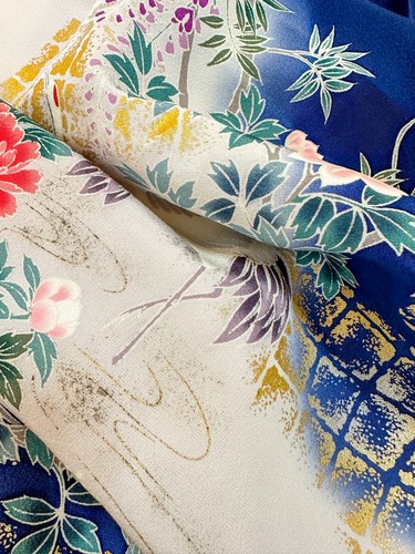 Vintage Kimono Fabric Picked From Furisode 70”x14” Multi Color Base v379 - Picture 9 of 10