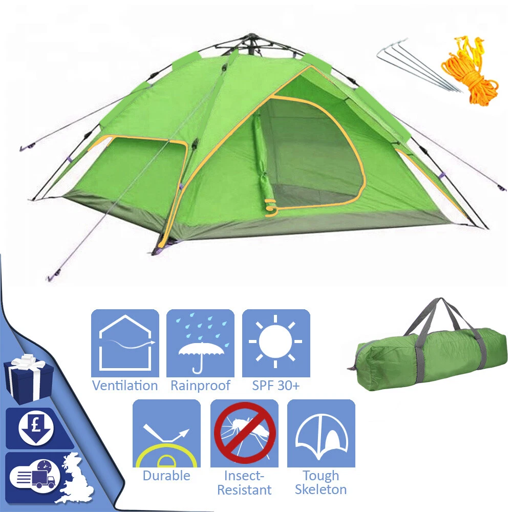 3-4 Person Automatic Pop Up Tent Green Dual Layer Outdoor Sleeping Travel