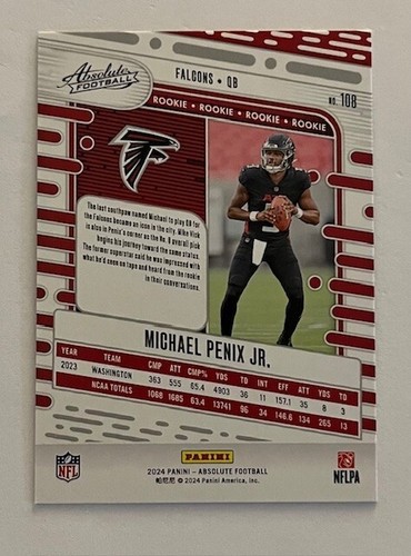 Michael Penix - 2024 Panini Esordiente Assoluto #108 - Atlanta Falcons - Foto 3 di 3