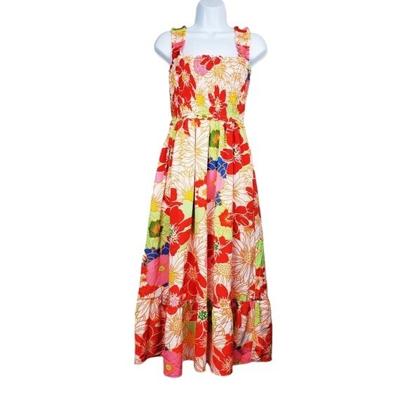 Entro Womens Good Days Ahead Red Orange Floral Smocked Midi Dress Size S  NWT | eBay