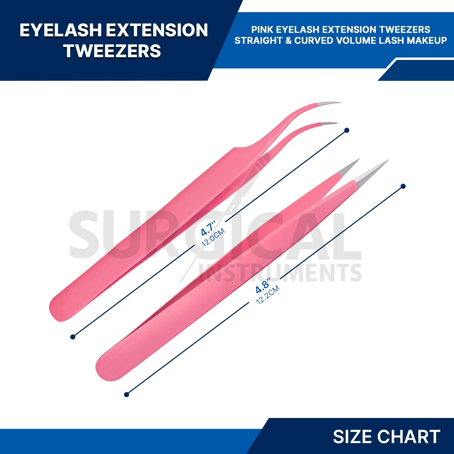 2 Pcs Eyelash Extension Tweezers Straight & Curved Stainless Set (pink) German G image 2