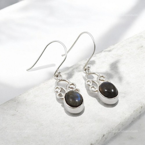 Sterling Silver Oval Labradorite Stone Trendy Drop Dangle Bezel Earrings Jewelry - Picture 3 of 8