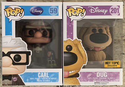 Funko Disney Up 2 Pop! Lot, 201 HTE Flocked Dug & 59 Carl